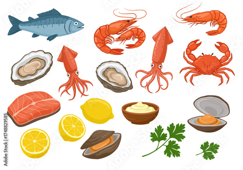 Selection of fresh seafood including fish, shrimp, crab and oysters arranged
