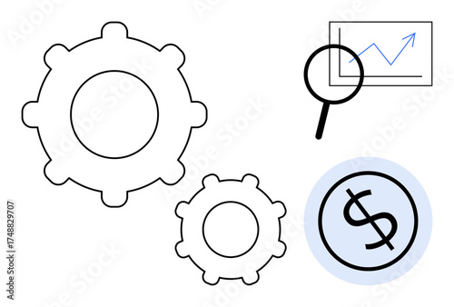 Gears signify process and productivity, magnifying glass and graph for analysis, dollar for financial growth. Ideal for business, economy, technology, data analysis, finance, strategy solutions