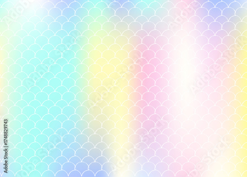 Holographic mermaid background with gradient scales. Bright color transitions. Fish tail banner and invitation. Underwater and sea pattern for girlie party. Creative back with holographic mermaid.
