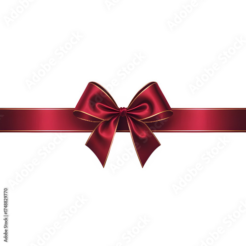 Red silk ribbon with a bow tied in the center, horizontal layout. Isolated on transparent background, PNG
