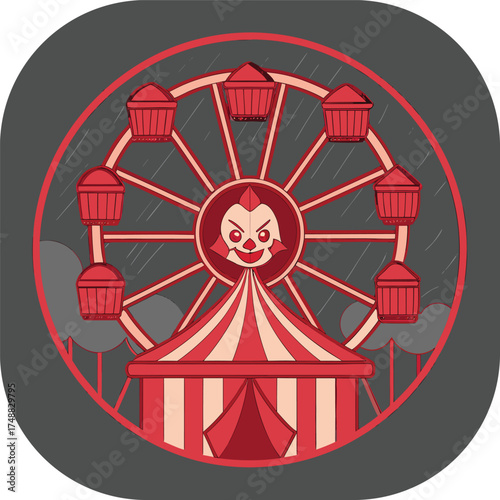 Spooky Carnival Ferris Wheel with Creepy Clown and Circus Tent vector illustration