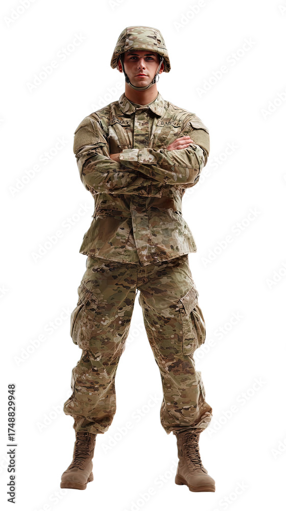Obraz premium Transparent Cutout of a Young Soldier in Full Military Camouflage Uniform, Wearing a Helmet and Standing Confidently with Arms Crossed, Ready for Duty