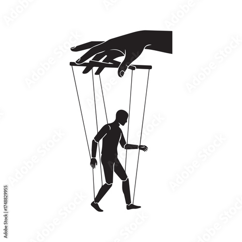 Puppet master's hand controlling a man marionette on strings. Black silhouette vector concept for manipulation, dominance, and corporate authority.
