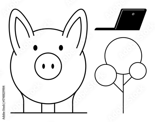 Simple piggy bank, modern laptop, and stylized tree. Ideal for finance, online banking, environmental care, tech innovation, investment eco-friendly living and education themes. Crisp flat metaphor