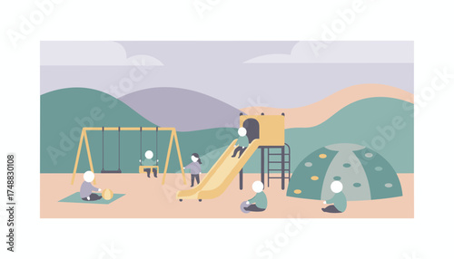 Children playing happily in a colorful outdoor playground Fun activity and childhood joy