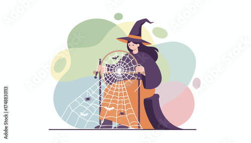 Witch in a pointy hat holding a large spiderweb with bats and spiders on a pastel background