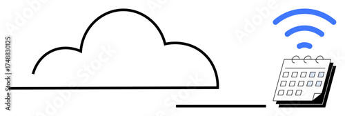 Cloud connected to a digital calendar with wireless waves, symbolizing synchronization, data sharing, and scheduling. Ideal for digital tools, time management, organization, technology, networking
