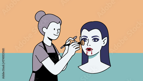 Makeup artist applies vampire costume makeup perfect for Halloween or spooky themes