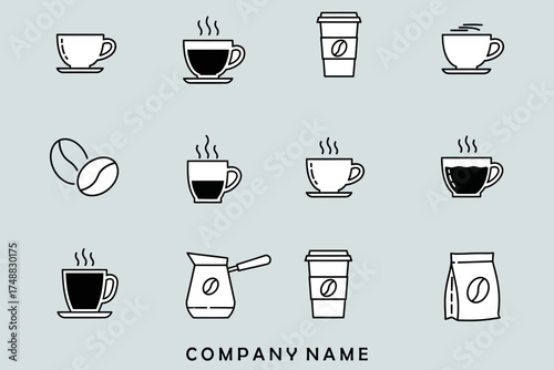 Collection of coffee cup illustrations showcasing various styles and types on a light background