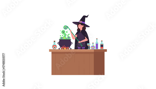 Friendly witch brewing a bubbling green potion with magical ingredients on a table for Halloween