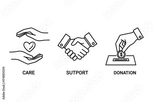 Illustrative icons representing care, support, and donation, emphasizing community assistance and charity
