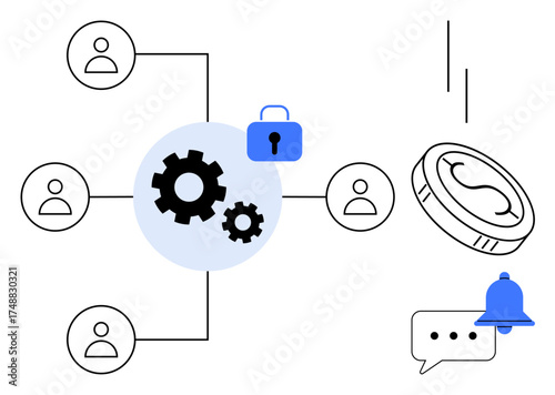 Gear mechanism in center links people icons, padlock, coin, notification bell, speech bubble. Ideal for teamwork, automation, security communication economy innovation networking. Flat and simple