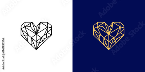 Geometric heart design in black and gold on contrasting backgrounds, symbolizing love and creativity