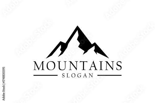 Minimalistic mountain logo design with the word 'MOUNTAINS' and a slogan beneath, suitable for branding