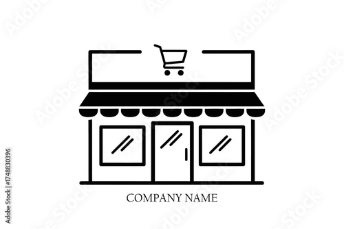 Minimalistic illustration of a storefront with a shopping cart icon above, representing retail shopping