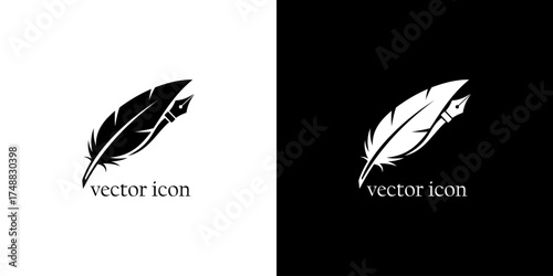 Minimalistic black and white vector icon of a feather quill pen, symbolizing writing and creativity
