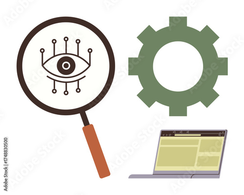 Magnifying glass with tech eye, green gear symbol, laptop screen interface. Ideal for technology, AI, innovation, research, process optimization, computational systems simple flat metaphor