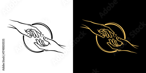 Two hands gently holding small hearts, symbolizing love and care within a circular design
