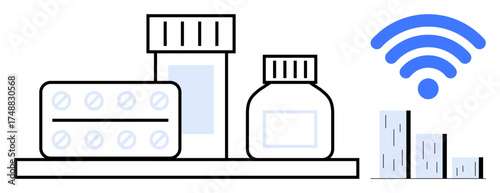 Pills, medicine bottles, wireless symbol, and data graph highlight telemedicine, health monitoring, remote care, and innovation. Ideal for telehealth, pharmacy data tracking technology