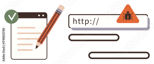 Pencil and document with green check for safe record-keeping, URL bar with malware alert. Ideal for cybersecurity, internet safety, online risk, secure browsing, data protection, privacy, simple flat