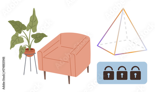 Pink armchair with potted green plant, transparent pyramid, and a row of lock icons. Ideal for home decor, security, minimalism, design, safety geometry and lifestyle. Simple flat metaphor