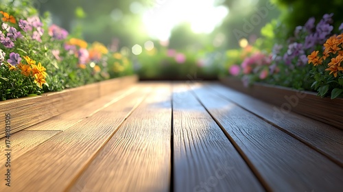 Fototapeta Naklejka Na Ścianę i Meble -  Flower garden with wooden path, and summer sunshine.