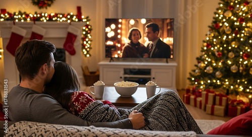 Couple watching tv at christmas with tree and fireplace visible