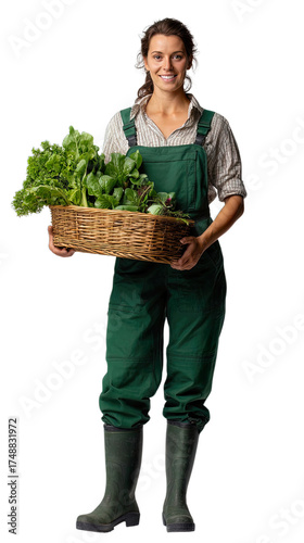 Transparent Cutout of a Happy Female Farmer, Wearing Green Overalls and Rubber Boots, Holding a Wicker Basket Overflowing with Freshly Harvested Organic Greens