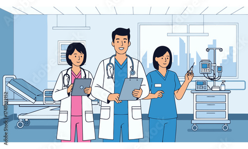 Diverse medical team posing in a modern hospital room