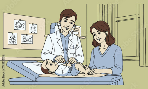 Pediatrician examines baby with mother present in clinic