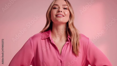 Confident Blonde Woman Smiling in Pink Satin Shirt against Pink Background
