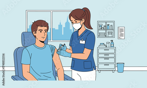 Nurse administering vaccine to patient in medical office