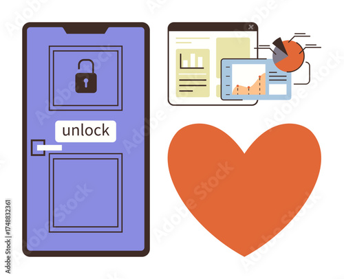 Purple door with lock and unlock signage, digital analytics interface, and a red heart. Ideal for security, access, data analysis, success, love innovation motivation. Simple flat metaphor