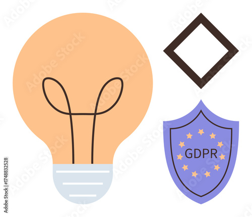 Light bulb symbolizes ideas, shield with GDPR and stars represents data security, and diamond shape adds abstract design. Ideal for data privacy, compliance, security, regulation, innovation, legal
