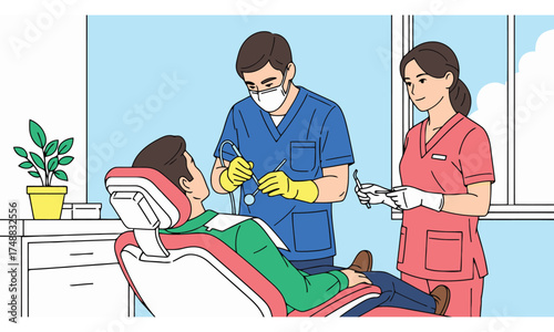 Dentist and assistant treating patient in dental chair
