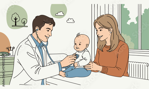 Doctor examines baby with mother present in clinic