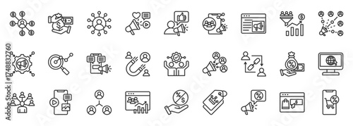 Affiliate marketing icon set graphic resources collection for business promotion model.