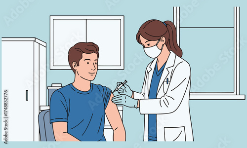 Doctor administering vaccine to patient in medical office