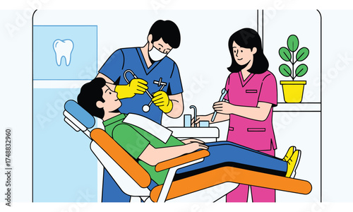 Dentist and assistant examine patient in dental chair