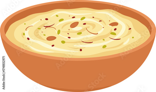 Detailed Flat Illustration of Phirni Dessert in Brown Bowl Cuisine
