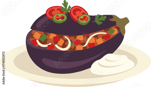 Flat Design Stuffed Eggplant Dish with Vegetable Topping Illustration