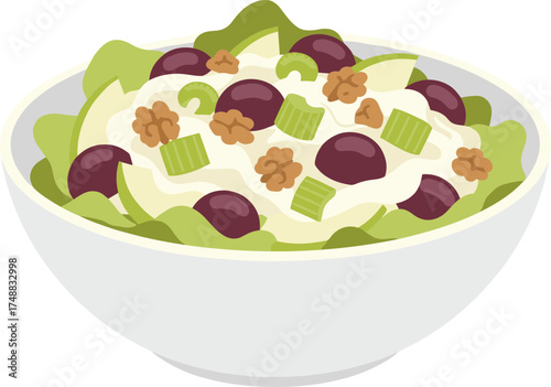 Flat Illustration Waldorf Salad with Apple, Celery, Grape and Walnut in Bowl