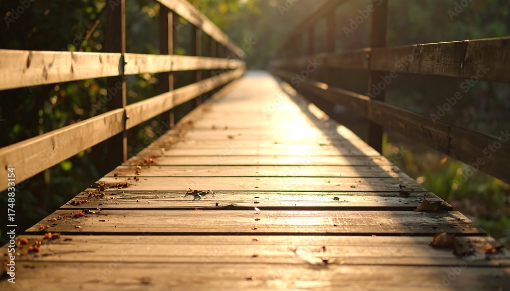 Obraz premium Wooden Bridge Pathway Sunlight Focus.