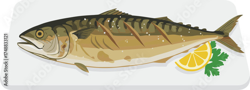 Colorful Illustration of Grilled Mackerel Fish with Lemon Slice and Parsley