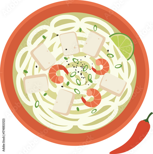 Flat Illustration Bowl of Udon Noodles with Tofu and Shrimp Meal