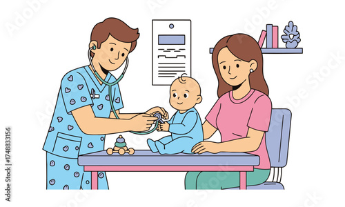 Doctor examines baby with mother present at medical checkup