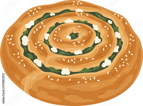 Detailed Traditional Round Burek Pastry Swirl Filled with Cheese and Spinach