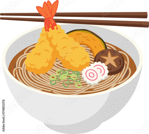 Flat Illustration Delicious Tempura Soba Noodle Bowl with Toppings Japanese Cuisine