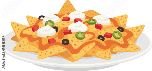 Colorful Flat Style Nachos with Toppings on Plate Food Illustration