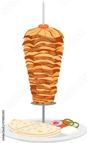 Flat Illustration Delicious Doner Kebab Meat Stack with Toppings and Bread